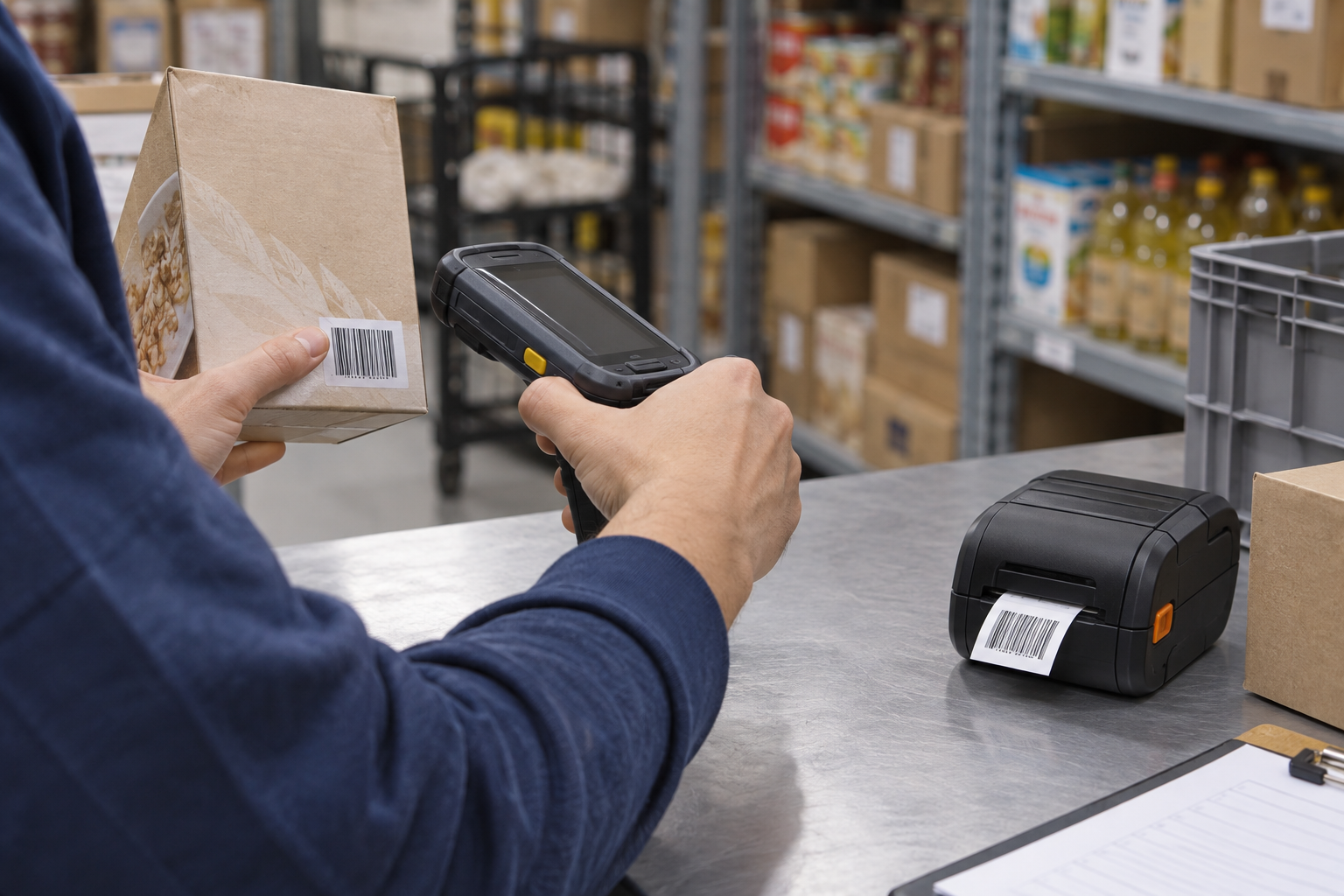 Illustrative retail scene with handheld barcode scanner and portable label printer