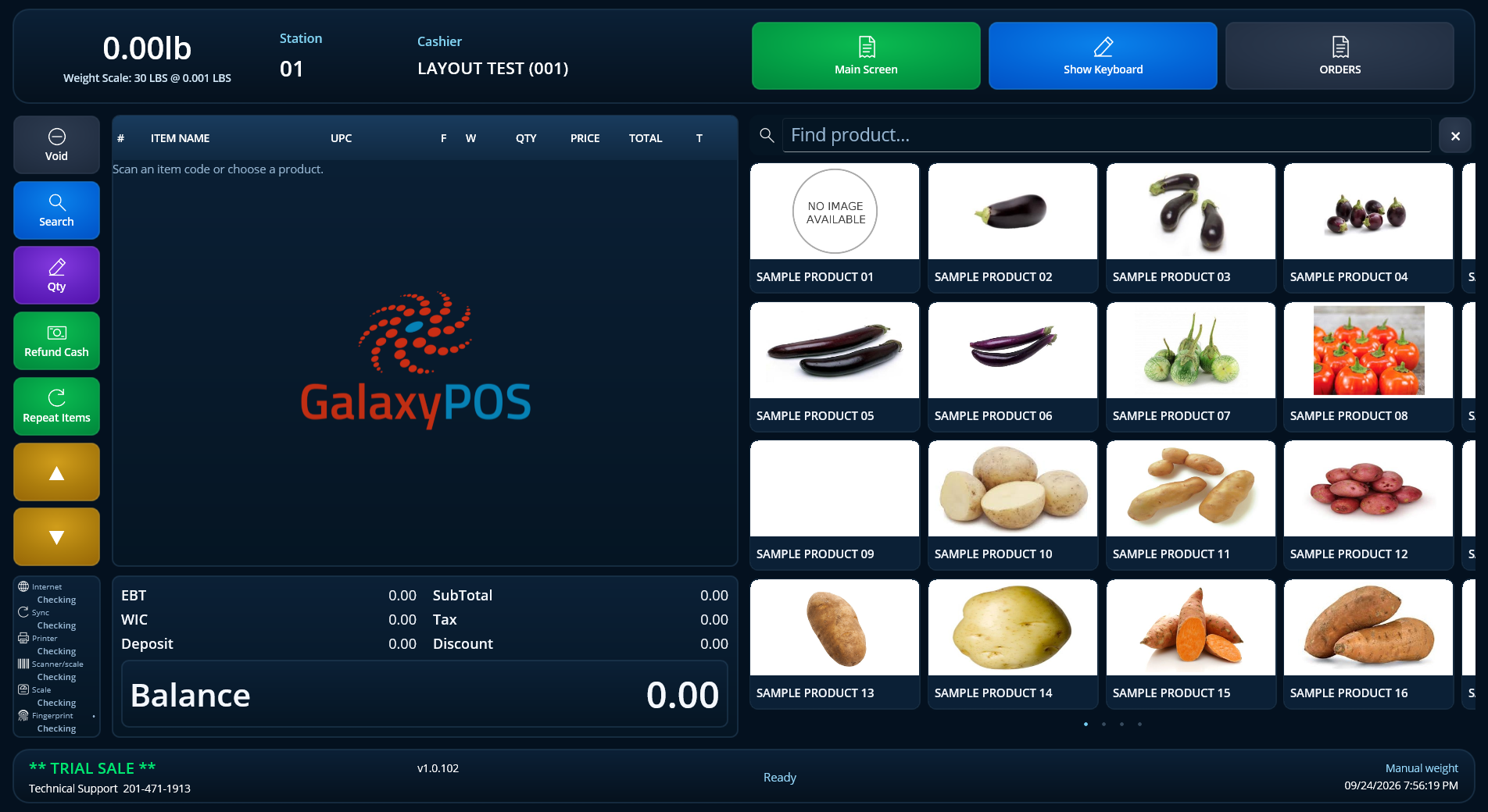 Original GalaxyPOS register interface with touch product selection and sample products