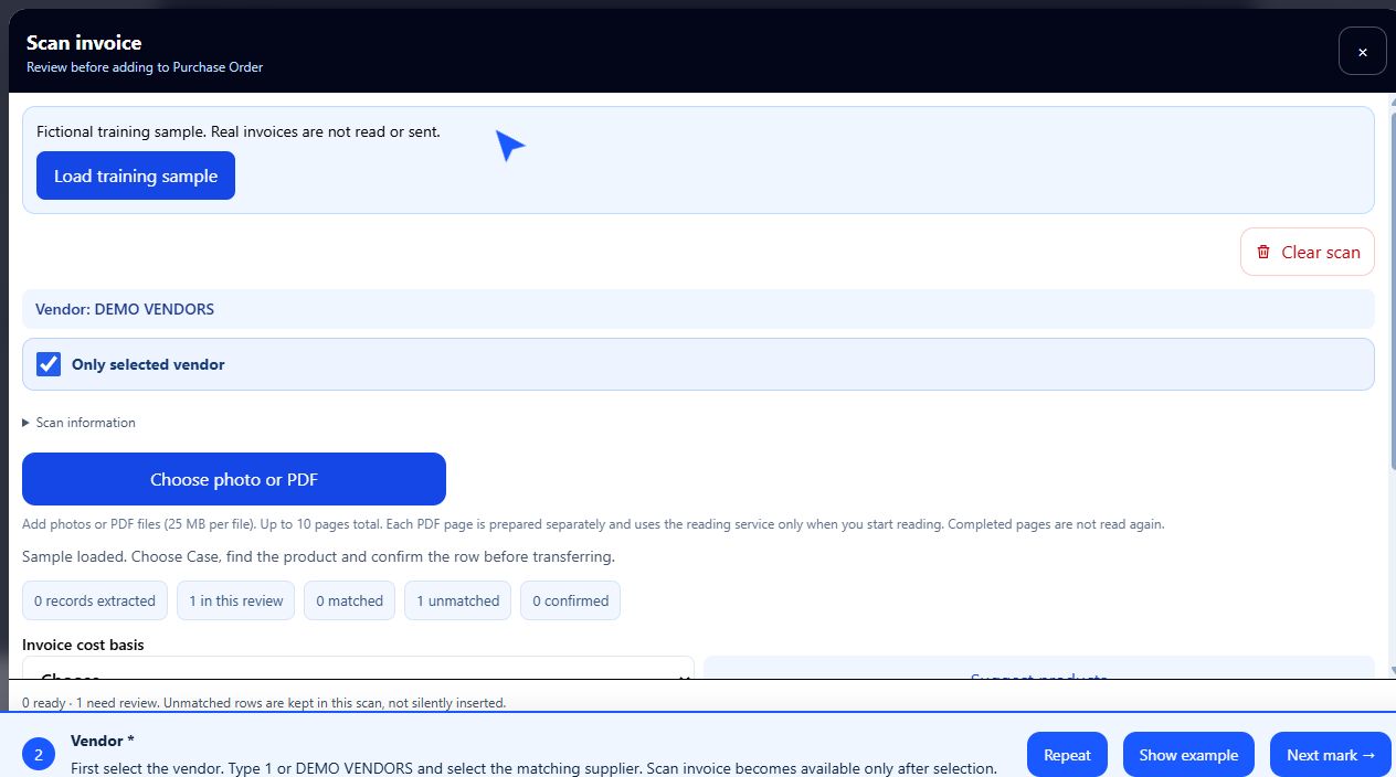 GalaxyPOS Scan Invoice review screen with fictional training data